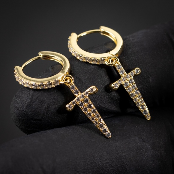 Men's Yellow Gold Sterling Silver Iced Dangle Dagger Cross Hoop Earrings - Picture 1 of 5